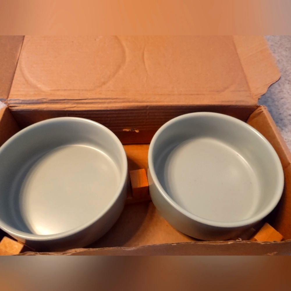 Never Used Gray Food & Water Bowls with Wooden Stand